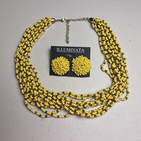 Yellow Seed Bead Necklace Earrings Set Multistrand Beaded Cluster 20-24" - Picture 2 of 11